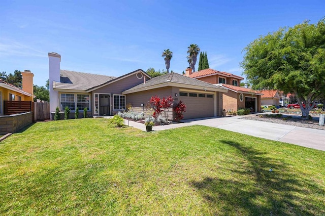 5452 Gooseberry Way, Oceanside, CA 92057 - single story home featuring a garage, driveway, a tiled roof, and a chimney