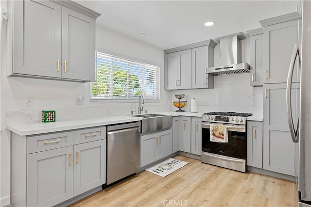 6002 Calvin Cir, Huntington Beach, CA 92647 - kitchen featuring appliances with stainless steel finishes, gray cabinets, wall chimney range hood, recessed lighting, and light wood-type flooring