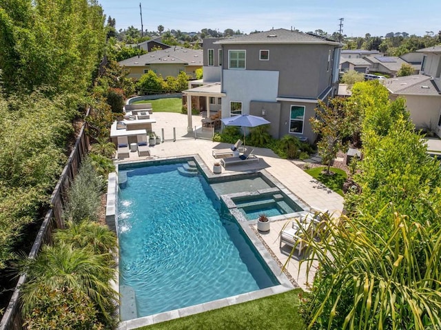 744 Adelaide Cir, Encinitas, CA 92024 - view of pool featuring a patio, a residential view, a fenced backyard, and a pool with connected hot tub