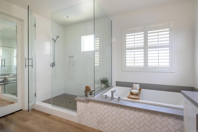744 Adelaide Cir, Encinitas, CA 92024 - full bathroom with a garden tub, a stall shower, wood finished floors, and vanity