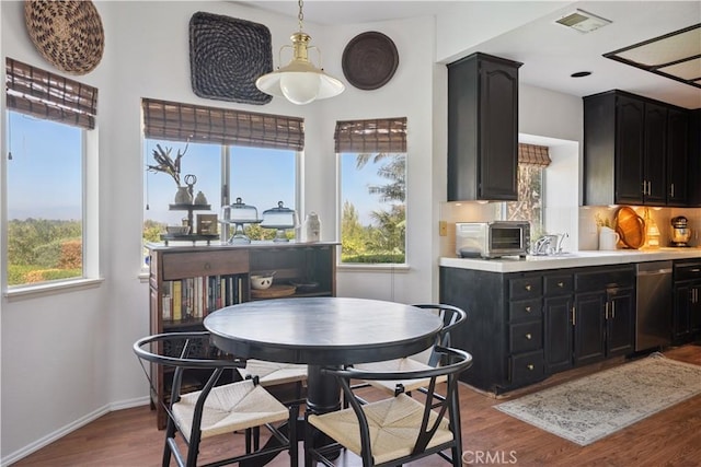 8042 Masefield Ct, West Hills, CA 91304 - kitchen featuring dark cabinets, stainless steel dishwasher, wood finished floors, and plenty of natural light