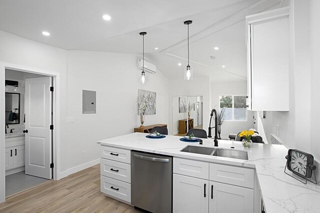 1254 13th St, Imperial Beach, CA 91932 - kitchen with stainless steel dishwasher, a peninsula, light wood-style flooring, an AC wall unit, and electric panel