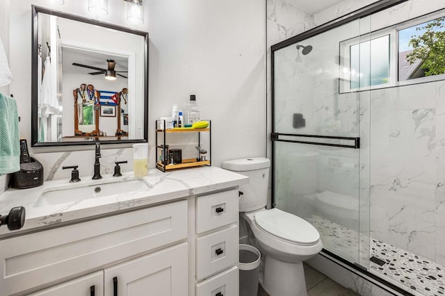 1254 13th St, Imperial Beach, CA 91932 - bathroom with a marble finish shower, vanity, a ceiling fan, and tile patterned flooring