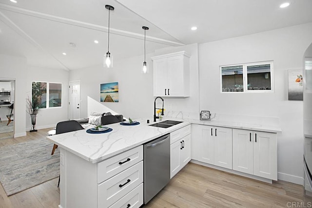 1254 13th St, Imperial Beach, CA 91932 - kitchen featuring stainless steel dishwasher, a peninsula, light wood finished floors, white cabinets, and light stone counters