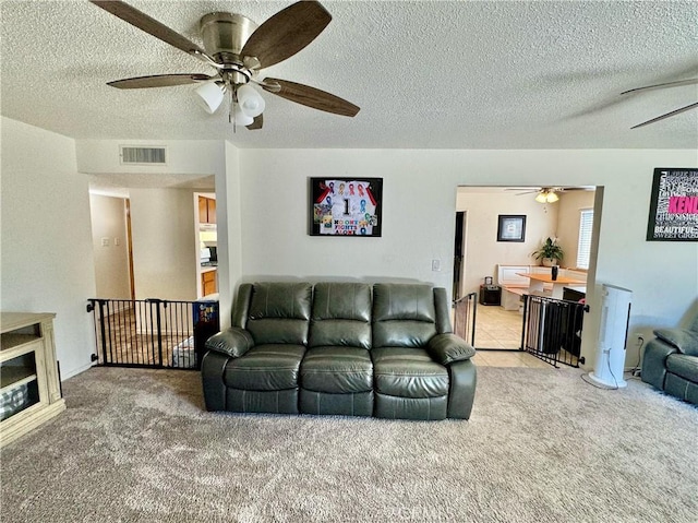 1602 W Dorothea Ave W, Visalia, CA 93277 - carpeted living area with a ceiling fan and a textured ceiling