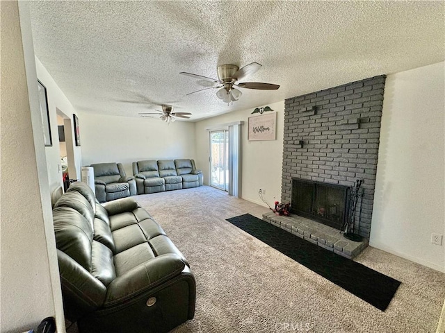 1602 W Dorothea Ave W, Visalia, CA 93277 - carpeted living room with ceiling fan, a fireplace, and a textured ceiling