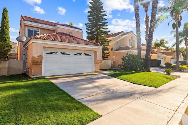 5149 Maplewood Cir, Oceanside, CA 92056 - mediterranean / spanish home with concrete driveway, stucco siding, a tiled roof, and an attached garage