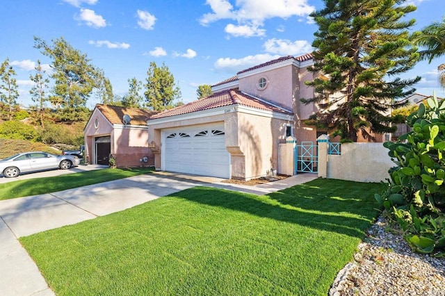 5149 Maplewood Cir, Oceanside, CA 92056 - mediterranean / spanish-style house with stucco siding, a tiled roof, driveway, an attached garage, and a gate