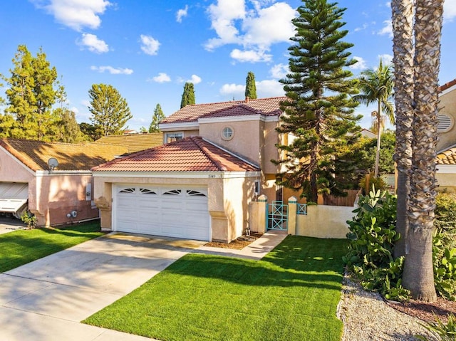 5149 Maplewood Cir, Oceanside, CA 92056 - mediterranean / spanish home featuring a tiled roof, stucco siding, concrete driveway, an attached garage, and a gate