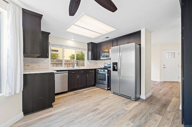 5149 Maplewood Cir, Oceanside, CA 92056 - kitchen with appliances with stainless steel finishes, a ceiling fan, light countertops, decorative backsplash, and light wood-style floors