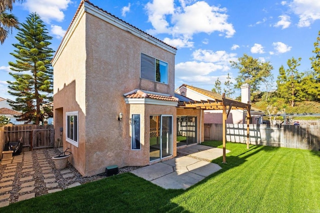 5149 Maplewood Cir, Oceanside, CA 92056 - rear view of property featuring stucco siding, a pergola, a patio, a fenced backyard, and a tile roof