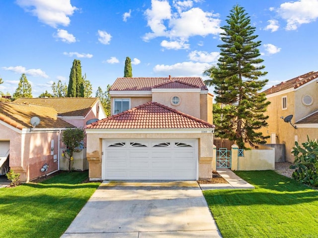 5149 Maplewood Cir, Oceanside, CA 92056 - mediterranean / spanish home with a tile roof, concrete driveway, stucco siding, and an attached garage