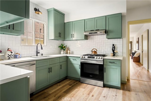 1030 Echo Park Ave, Los Angeles, CA 90026 - kitchen featuring stainless steel appliances, premium range hood, green cabinets, and backsplash