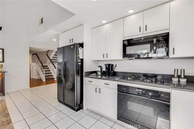 1358 Oakhurst Ct, Camarillo, CA 93010 - kitchen featuring black appliances, white cabinets, dark countertops, light tile patterned floors, and recessed lighting