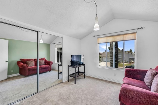 1358 Oakhurst Ct, Camarillo, CA 93010 - living room with vaulted ceiling, carpet, and a textured ceiling