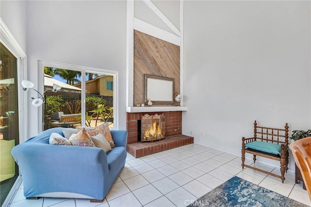1358 Oakhurst Ct, Camarillo, CA 93010 - tiled living area featuring high vaulted ceiling, a fireplace, and wooden walls