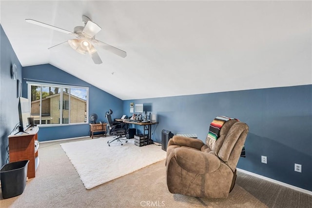 1358 Oakhurst Ct, Camarillo, CA 93010 - carpeted home office with lofted ceiling and a ceiling fan