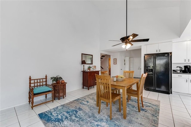 1358 Oakhurst Ct, Camarillo, CA 93010 - dining room with light tile patterned flooring, high vaulted ceiling, and a ceiling fan