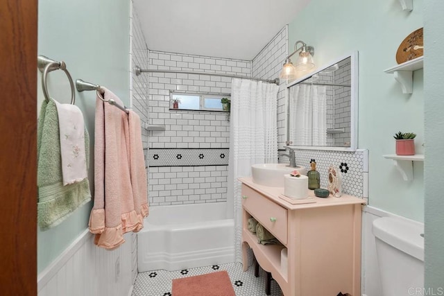 4886 Twain Ave, San Diego, CA 92120 - bathroom featuring shower / bath combination with curtain, tile patterned floors, and vanity