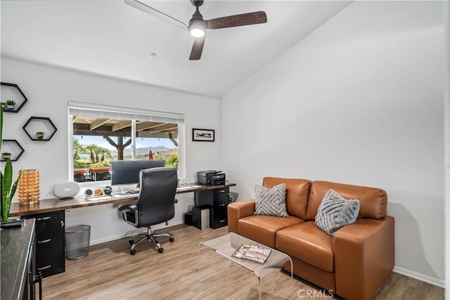 32175 Cedarcroft Rd, Acton, CA 93510 - home office with a ceiling fan, light wood-style floors, and vaulted ceiling