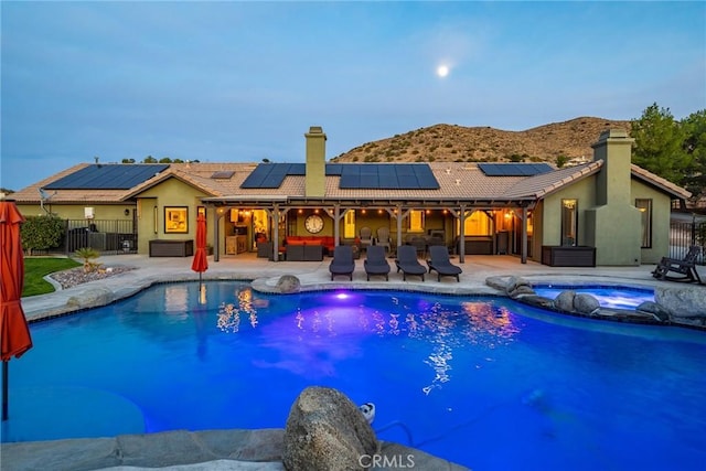 32175 Cedarcroft Rd, Acton, CA 93510 - view of swimming pool featuring an in-ground hot tub, a patio, a fenced backyard, a mountain view, and an outdoor hangout area