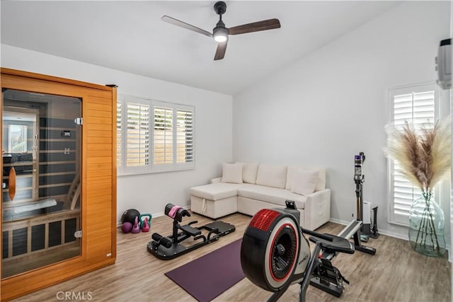 32175 Cedarcroft Rd, Acton, CA 93510 - workout room with lofted ceiling, wood finished floors, and ceiling fan