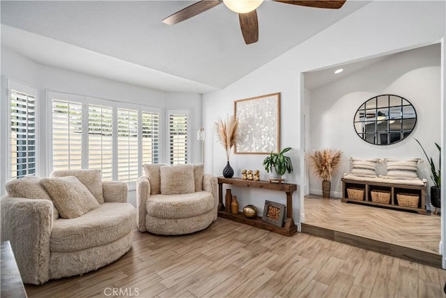 32175 Cedarcroft Rd, Acton, CA 93510 - living room with ceiling fan, light wood-style flooring, vaulted ceiling, and recessed lighting