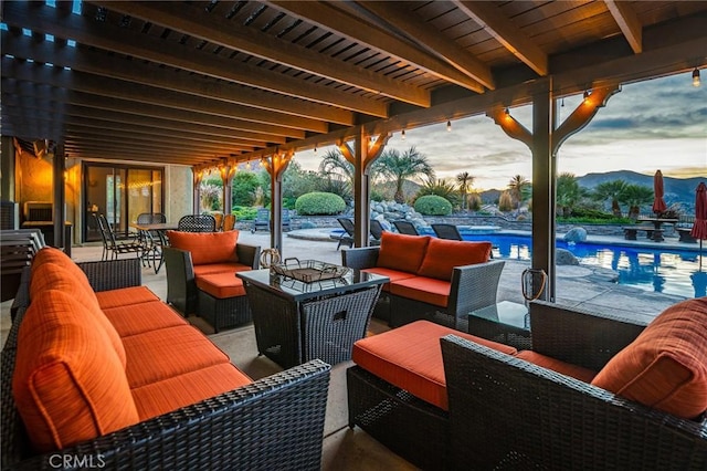 32175 Cedarcroft Rd, Acton, CA 93510 - patio terrace at dusk featuring an outdoor living space, an outdoor pool, a patio, and a mountain view