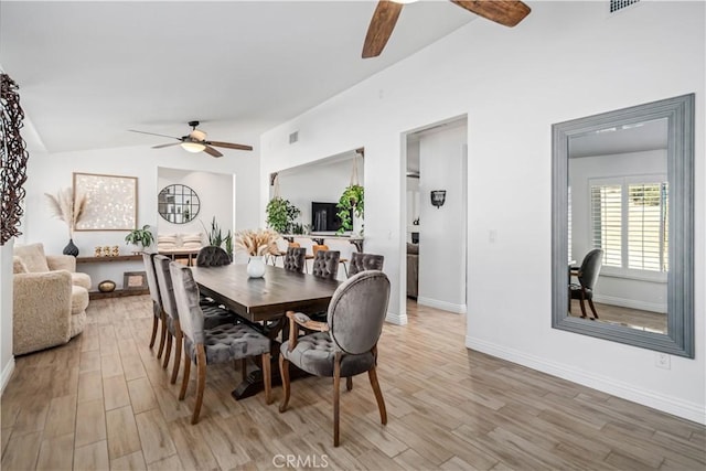 32175 Cedarcroft Rd, Acton, CA 93510 - dining space with ceiling fan, vaulted ceiling, and light wood finished floors
