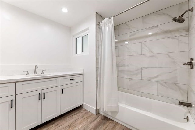 2038 Noble View Dr, Rancho Palos Verdes, CA 90275 - full bathroom featuring shower / bath combo, wood finished floors, vanity, and recessed lighting