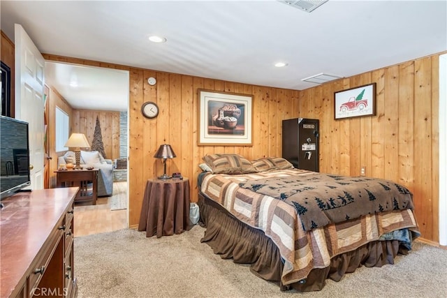 37667 Live Oak St, Angelus Oaks, CA 92305 - bedroom featuring carpet, wooden walls, recessed lighting, and a fireplace