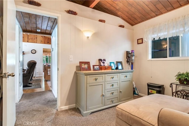 37667 Live Oak St, Angelus Oaks, CA 92305 - bedroom featuring wood ceiling, vaulted ceiling, and light carpet