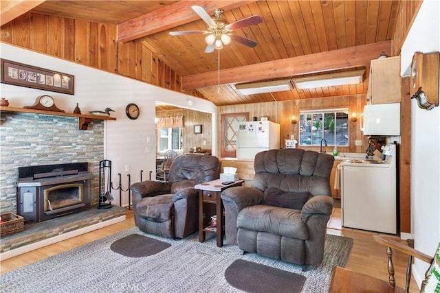 37667 Live Oak St, Angelus Oaks, CA 92305 - living area featuring wood finished floors, healthy amount of natural light, wooden walls, ceiling fan, and wooden ceiling