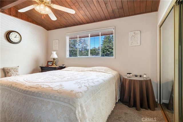 37667 Live Oak St, Angelus Oaks, CA 92305 - bedroom with carpet, wood ceiling, a closet, lofted ceiling, and a ceiling fan