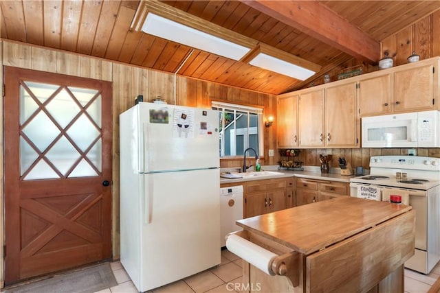 37667 Live Oak St, Angelus Oaks, CA 92305 - kitchen featuring white appliances, wooden ceiling, light tile patterned flooring, wooden walls, and light brown cabinetry