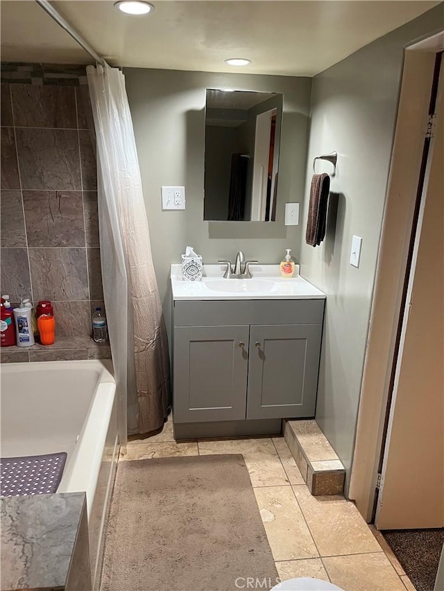 37667 Live Oak St, Angelus Oaks, CA 92305 - full bathroom with vanity, shower / bath combination with curtain, and recessed lighting