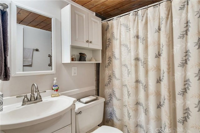 37667 Live Oak St, Angelus Oaks, CA 92305 - bathroom featuring wood ceiling, vanity, and curtained shower