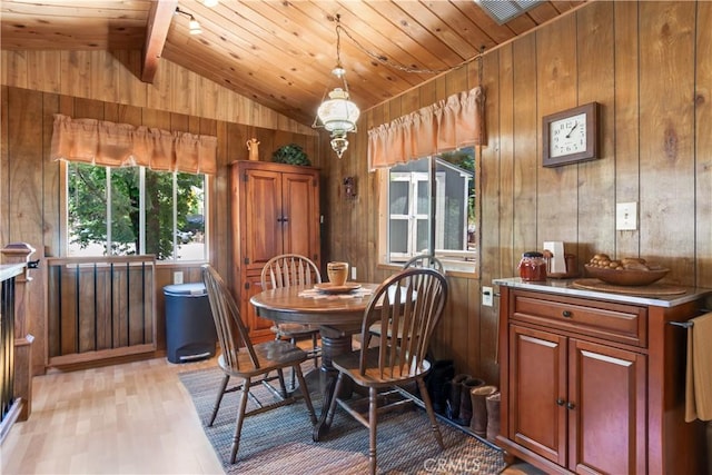 37667 Live Oak St, Angelus Oaks, CA 92305 - dining room featuring lofted ceiling, wood walls, light wood-style flooring, and wooden ceiling