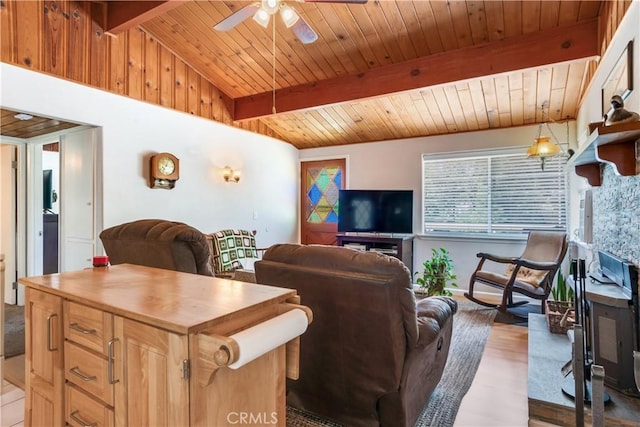 37667 Live Oak St, Angelus Oaks, CA 92305 - living area featuring wooden ceiling, ceiling fan, and wood finished floors