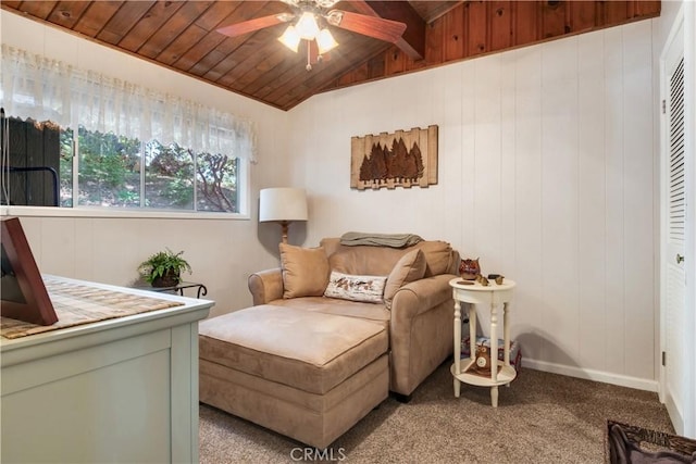37667 Live Oak St, Angelus Oaks, CA 92305 - living area with wood ceiling, a ceiling fan, carpet floors, and wood walls