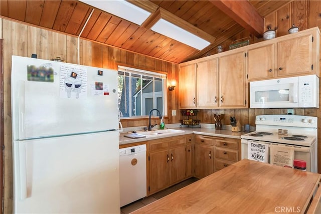 37667 Live Oak St, Angelus Oaks, CA 92305 - kitchen featuring white appliances, wood ceiling, wooden walls, and a skylight