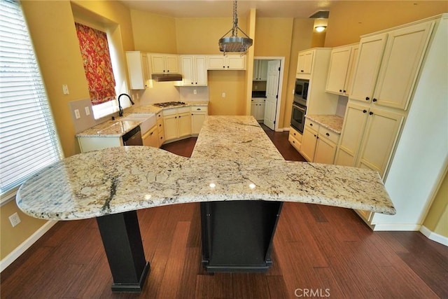 845 E Redwood Cir, Hanford, CA 93230 - kitchen featuring dark wood finished floors, under cabinet range hood, and light stone counters
