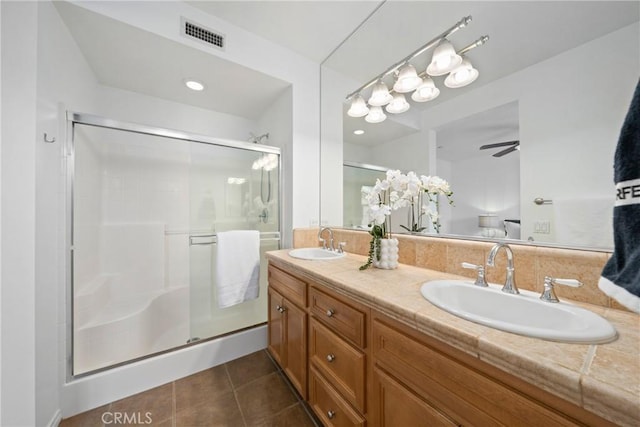 322 Dewdrop, Irvine, CA 92603 - full bathroom with double vanity, a shower stall, tile patterned flooring, and ceiling fan