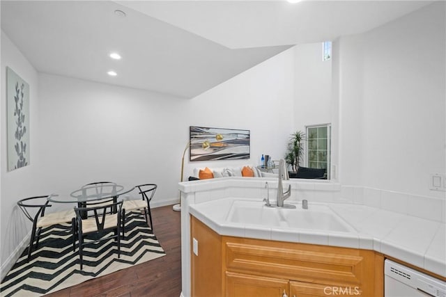 322 Dewdrop, Irvine, CA 92603 - kitchen featuring white dishwasher, dark wood finished floors, recessed lighting, and tile counters
