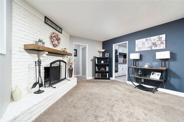 10147 Primrose Ave, Hesperia, CA 92345 - carpeted living area with a brick fireplace and baseboards