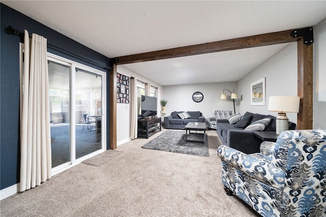 10147 Primrose Ave, Hesperia, CA 92345 - living room featuring carpet and beamed ceiling