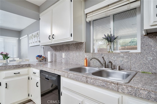 10147 Primrose Ave, Hesperia, CA 92345 - kitchen featuring black dishwasher, backsplash, tile counters, and white cabinetry