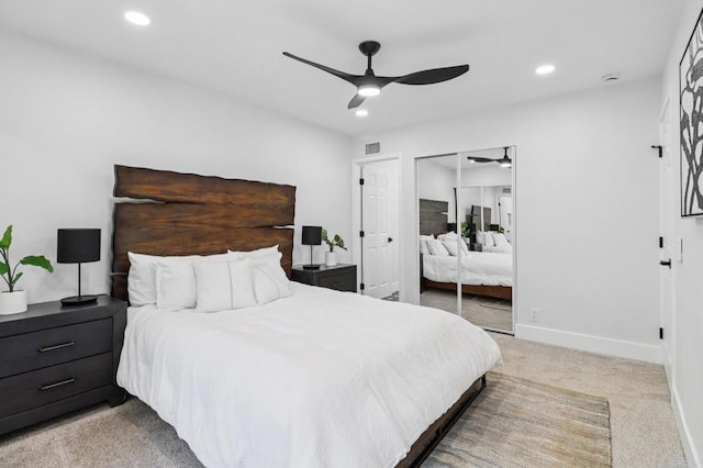 6876 Bear River Row Unit 3, San Diego, CA 92139 - bedroom featuring recessed lighting, light carpet, and a ceiling fan