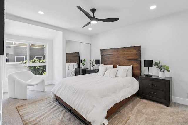 6876 Bear River Row Unit 3, San Diego, CA 92139 - bedroom with light carpet, recessed lighting, a ceiling fan, and a closet