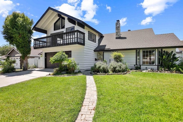 286 E Mission Rd, Corona, CA 92879 - view of front facade featuring a balcony, driveway, a chimney, a front lawn, and an attached garage